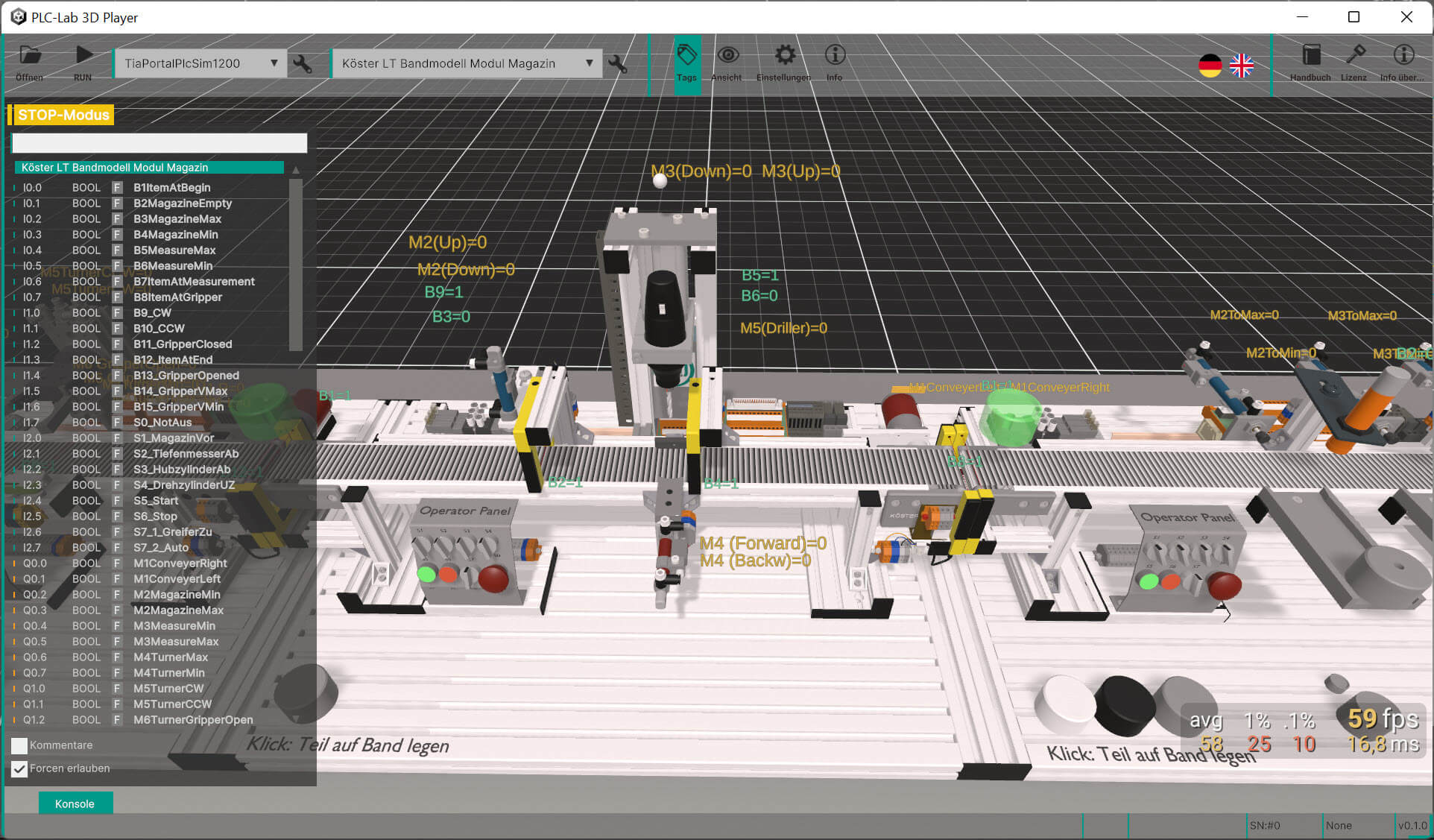 PLC-Lab-3D-Player mit 3D Modell Köster Systemtechnik LT Bandmodell